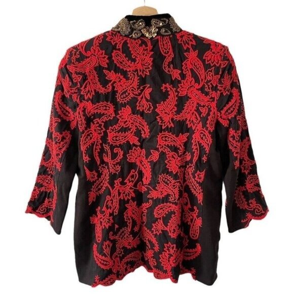 Chicos Collectibles Petite 0P Gold Beaded Black Red Paisley‎ Embroidered Jacket - Picture 8 of 16